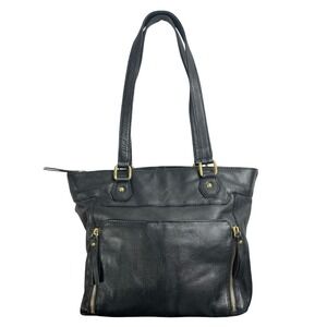 Great American Leather Works Black Leather Tote Shoulder Bag Brass Hardware